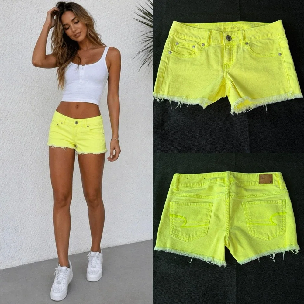 American Eagle AE Neon Volt Yellow Denim Shorts Size 2 Frayed Y2K Festival EUC